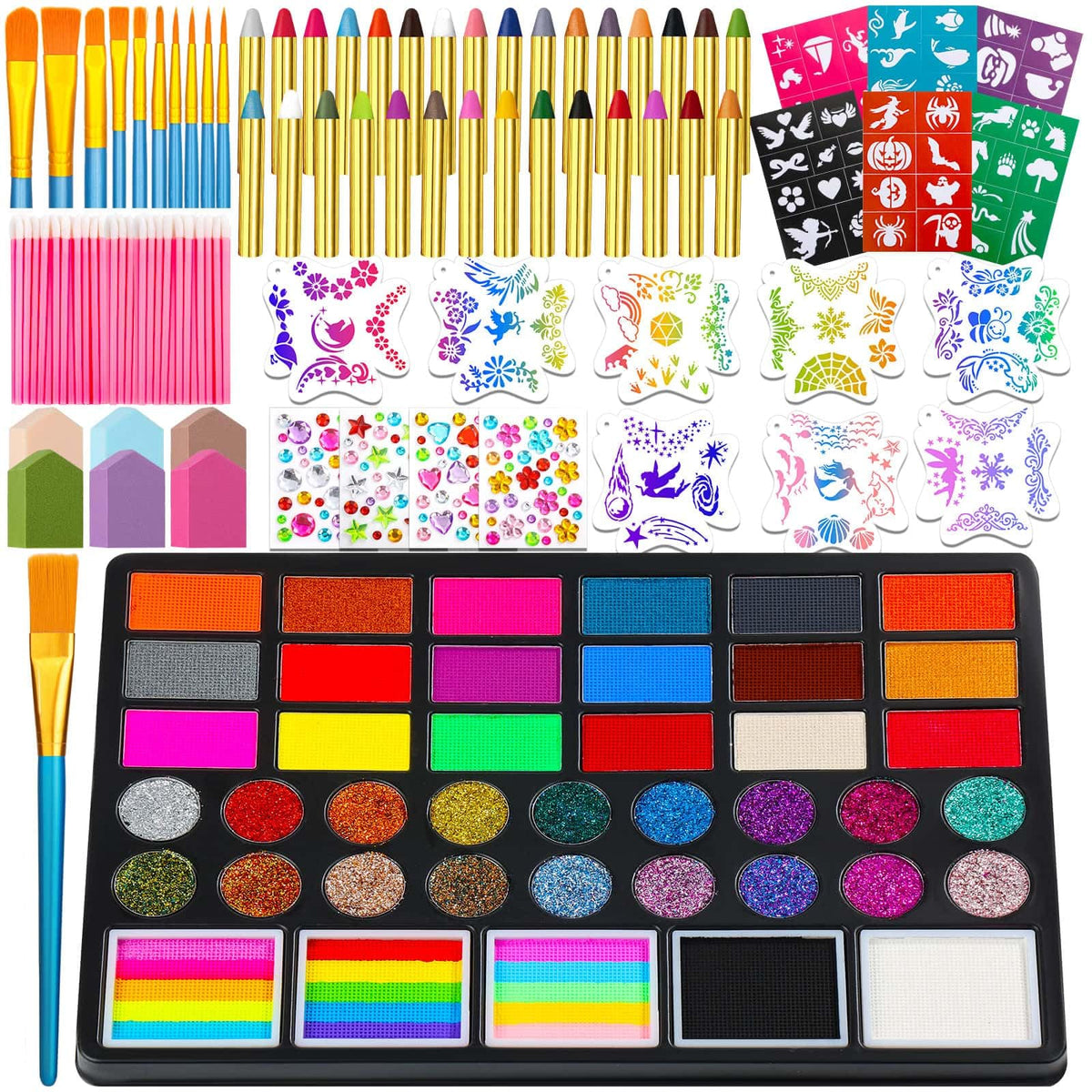 Thrilez front packaging showing full 41-color face paint kit and accessories for party-ready looks