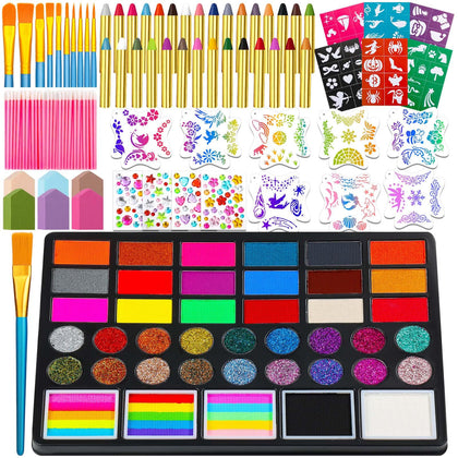Thrilez front packaging showing full 41-color face paint kit and accessories for party-ready looks
