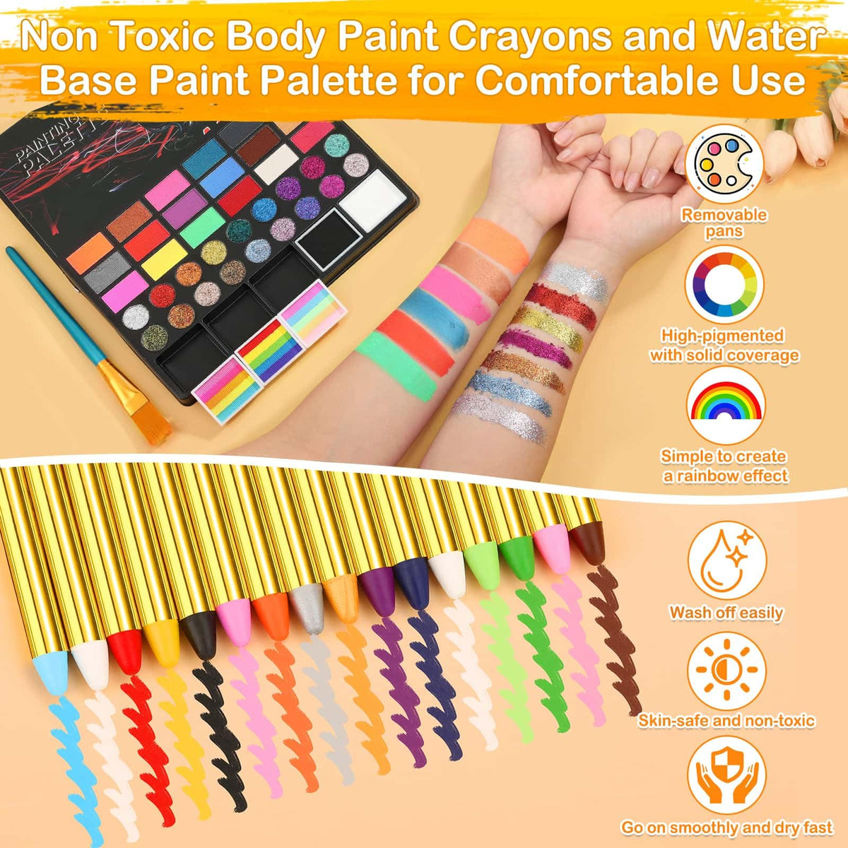 Thrilez brushes, crayons, sponges, stencils and gem stickers arranged to show versatile tools