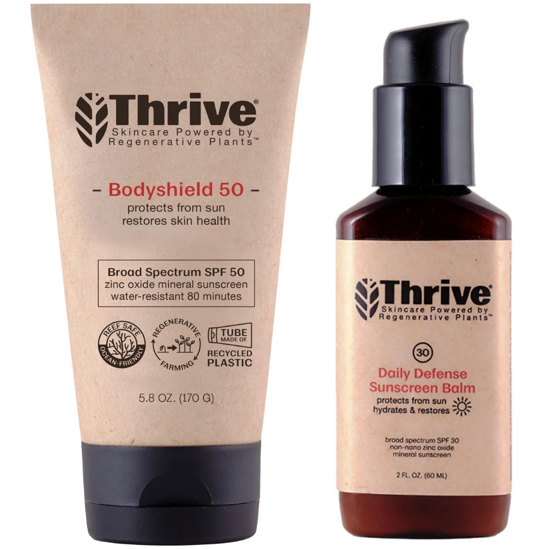 Thrive Natural Care face sunscreen packaging showing product benefits and matte finish