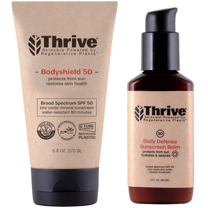 Thrive Natural Care face sunscreen packaging showing product benefits and matte finish