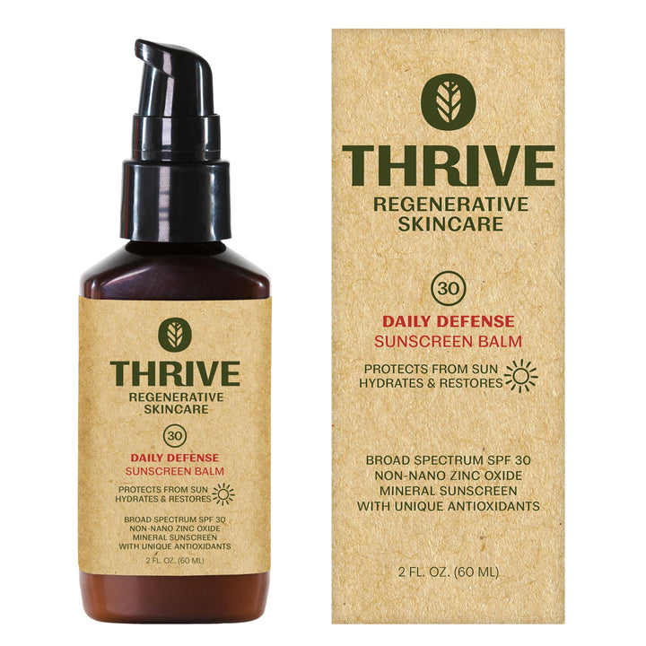 Thrive Natural Care front packaging showing SPF 30 and benefits