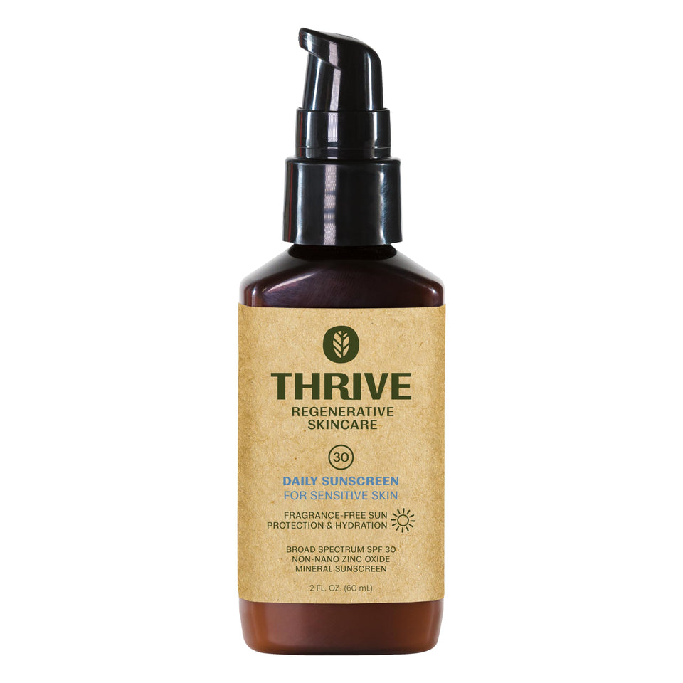 Thrive Natural Care front packaging showing unscented SPF 30 benefits
