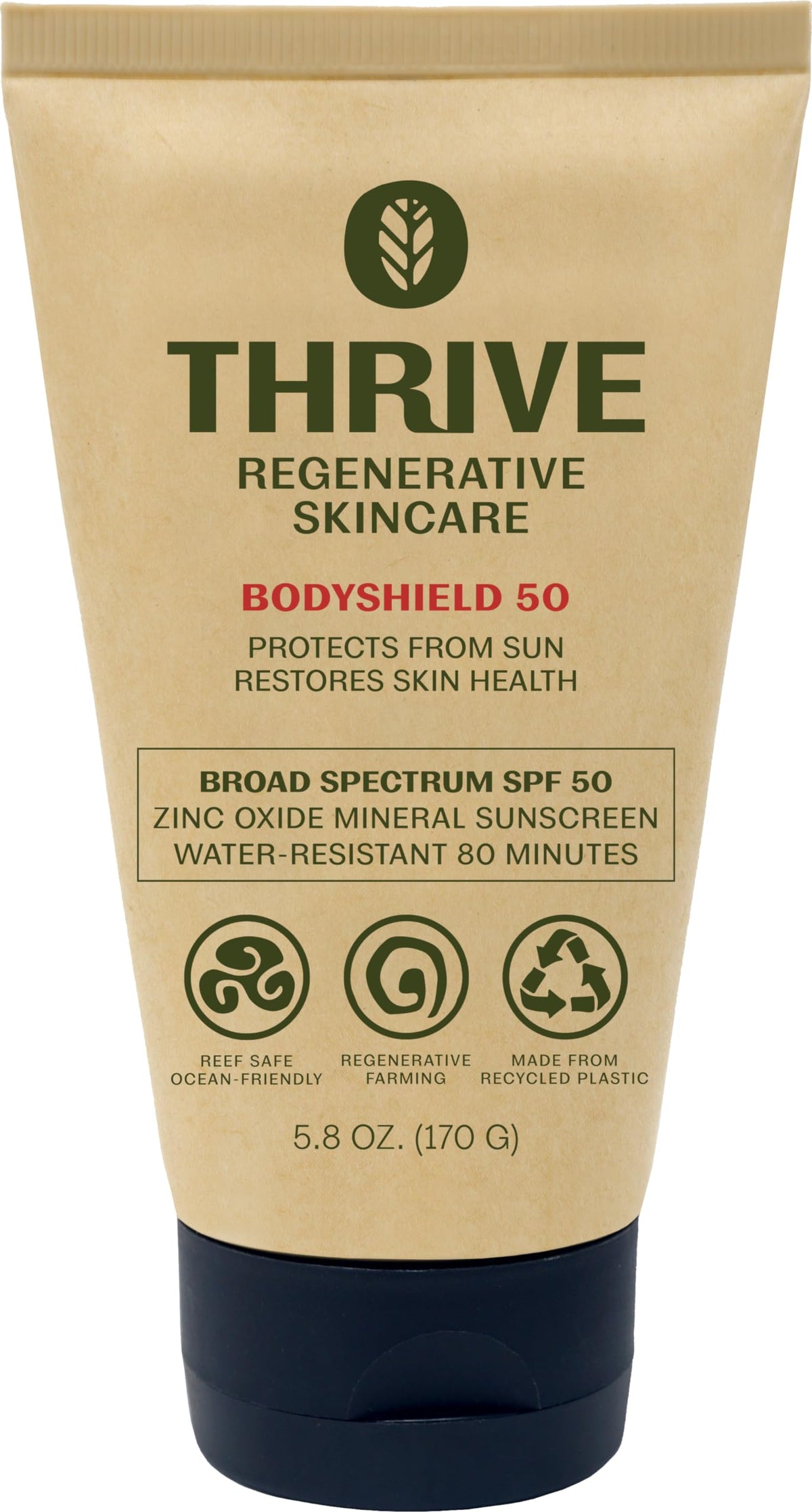 Thrive Natural Care front packaging showing SPF50 and reef safe benefit