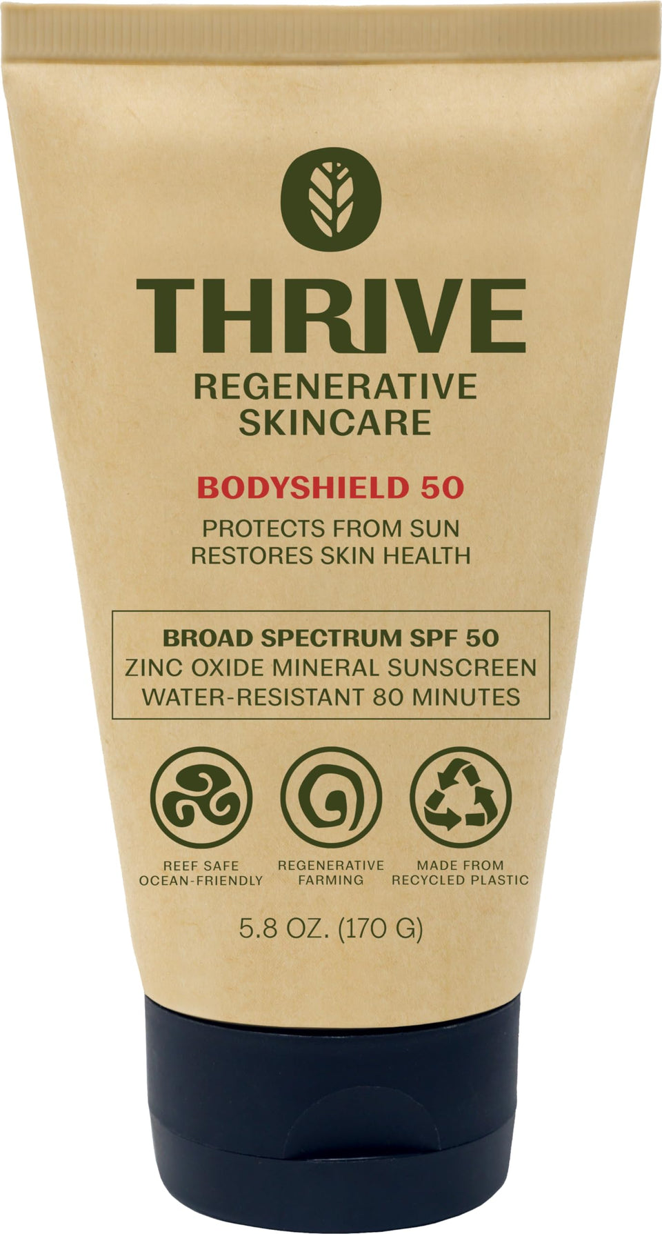 Thrive Natural Care front packaging showing SPF50 and reef safe benefit