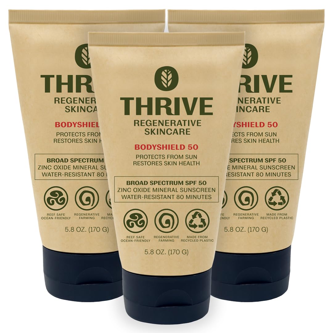 Thrive Natural Care front packaging showing SPF50 and reef-safe benefits
