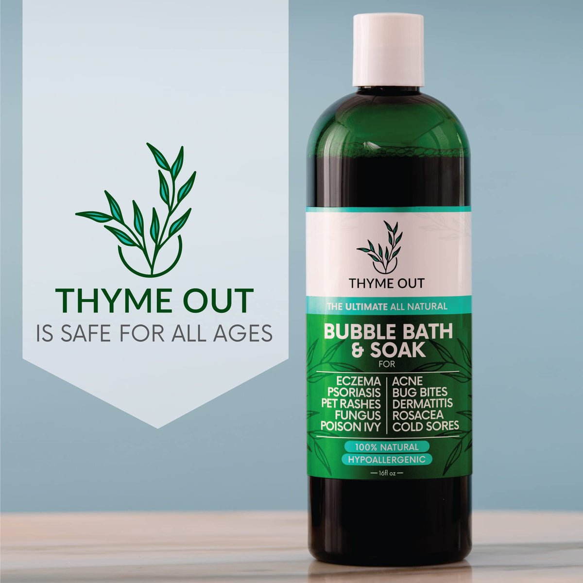 Thyme Out lifestyle shot of a relaxing tub soak conveying aromatherapy comfort
