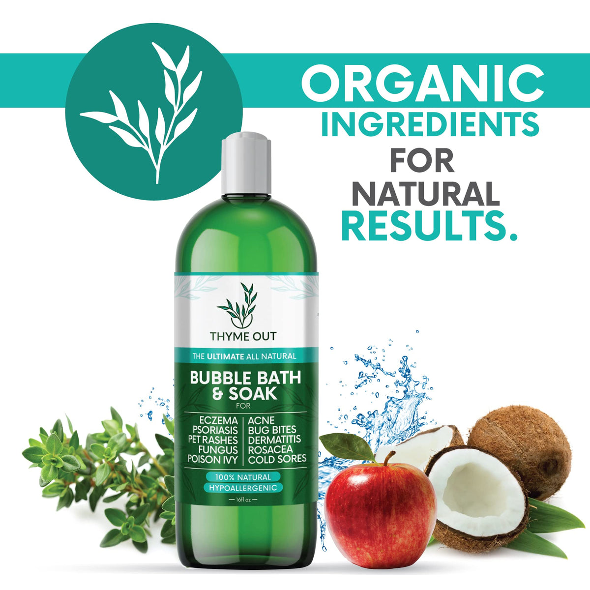 Thyme Out bottle with ingredient list card displaying clean plant-based formula