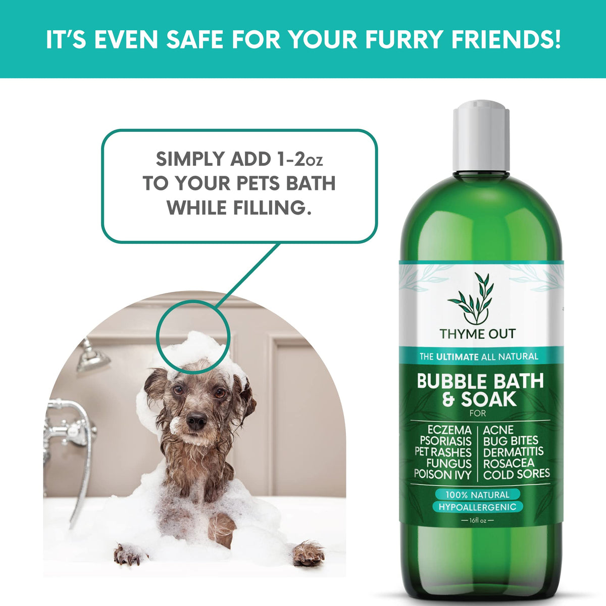 Thyme Out family bath image with kids smiling showing mild, tear-free formula