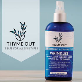 Thyme Out 4 oz bottle next to a coin showing compact travel-friendly size
