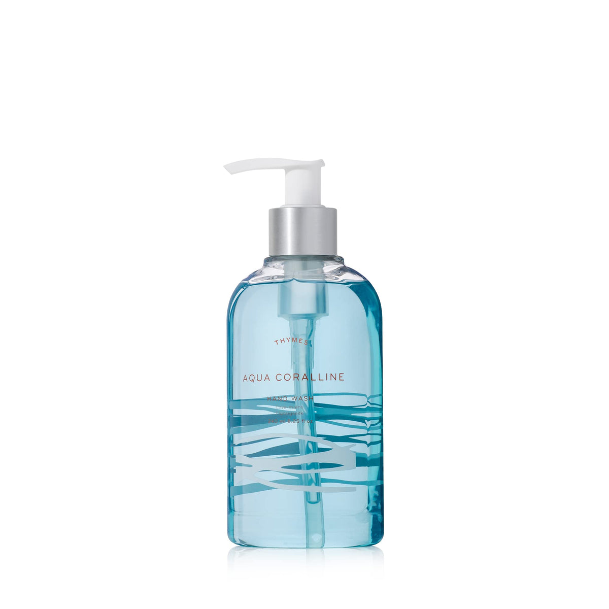 Thymes front pump bottle showing Aqua Coralline scent and luxury finish