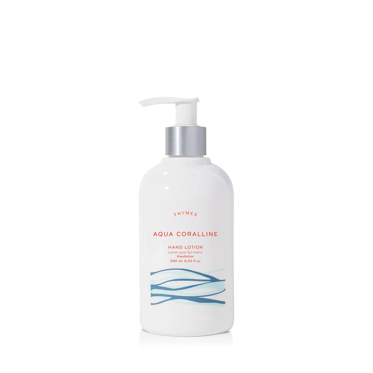 Thymes silver pump bottle front view showing Aqua Coralline label and elegant packaging for daily hydration