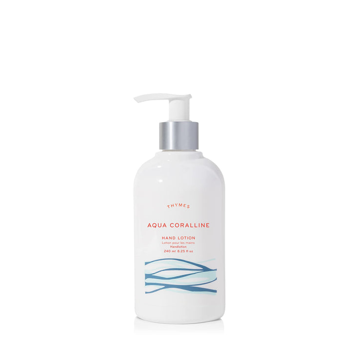 Thymes silver pump bottle front view showing Aqua Coralline label and elegant packaging for daily hydration