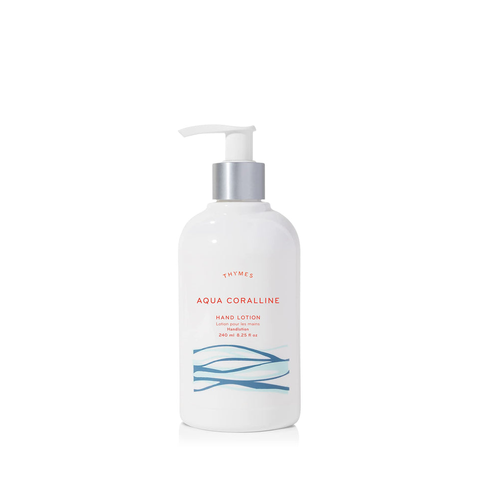 Thymes silver pump bottle front view showing Aqua Coralline label and elegant packaging for daily hydration
