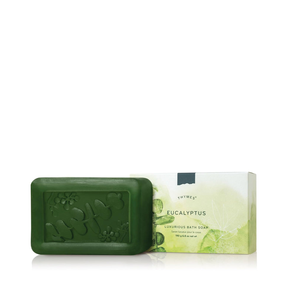 Thymes soap front packaging showing eucalyptus scent and clean design benefits