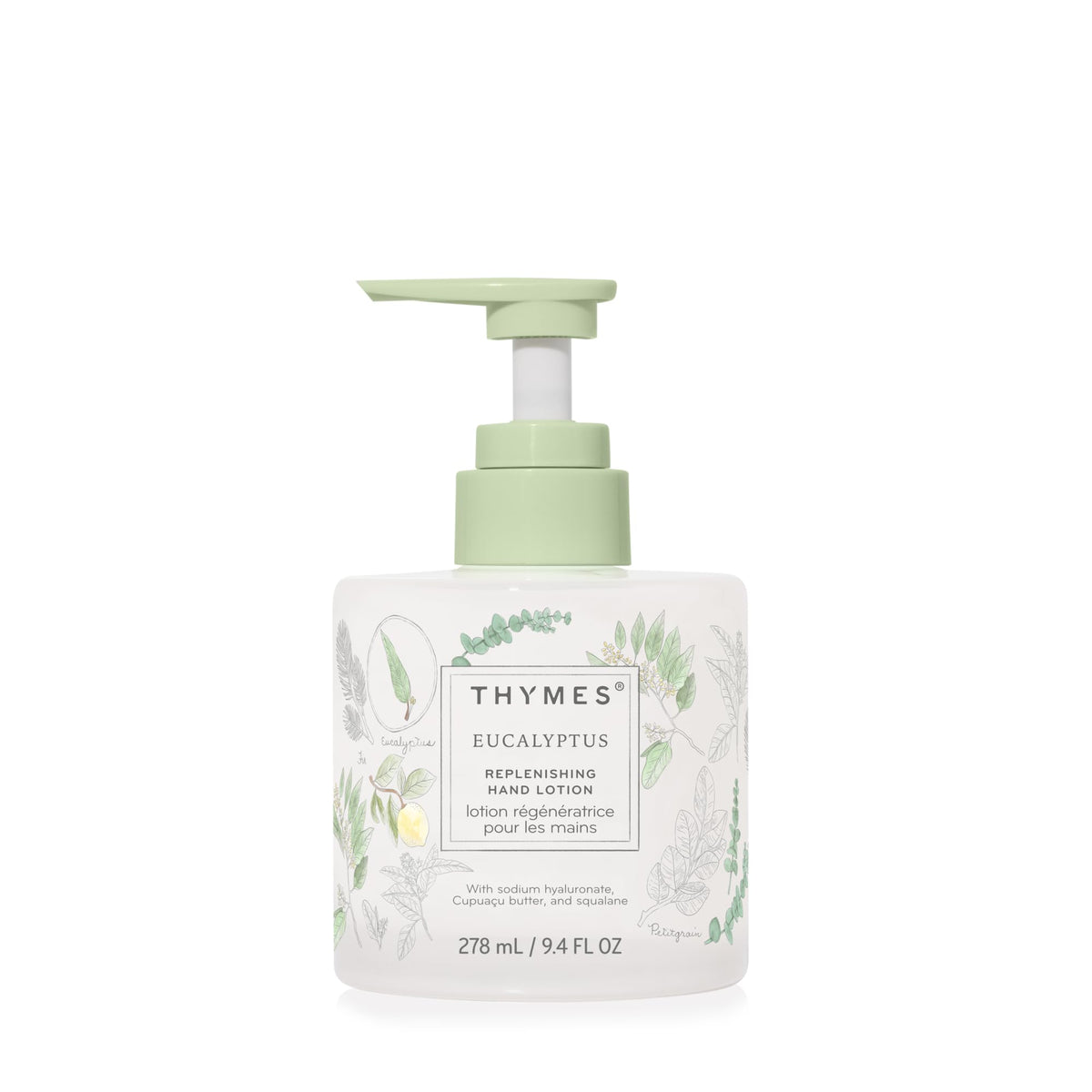 Thymes eucalyptus bottle front showing elegant glass and moisturizing benefits