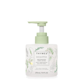 Thymes eucalyptus bottle front showing elegant glass and moisturizing benefits