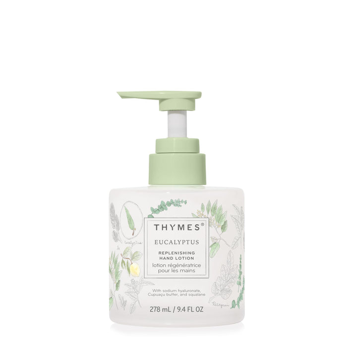 Thymes eucalyptus bottle front showing elegant glass and moisturizing benefits