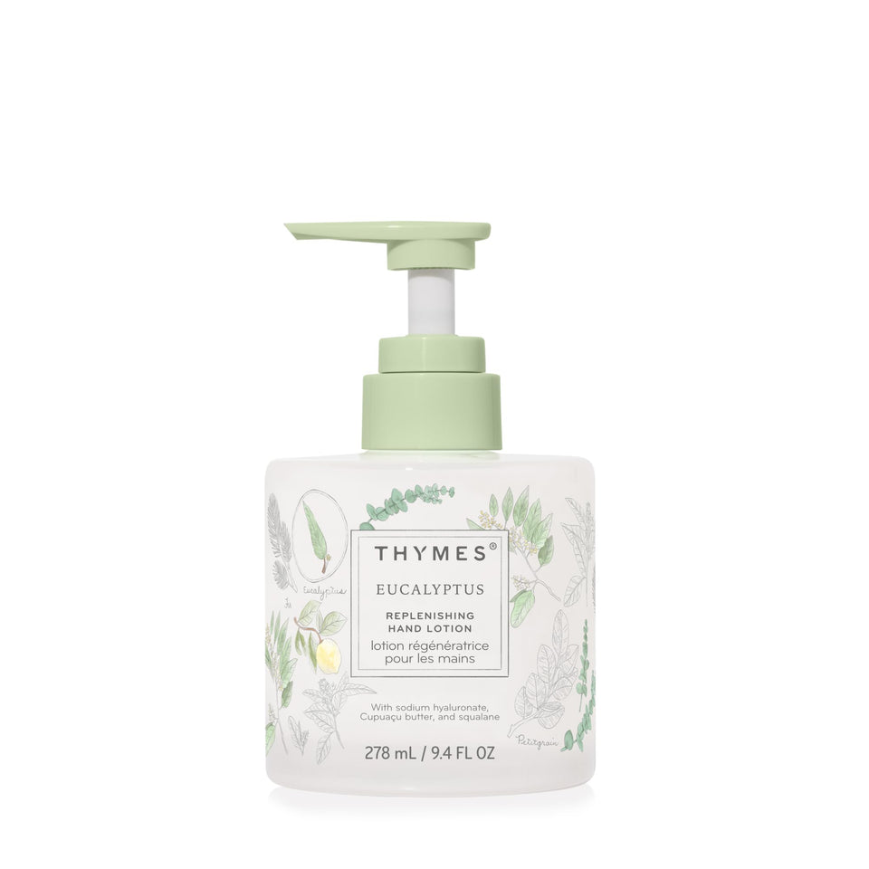 Thymes eucalyptus bottle front showing elegant glass and moisturizing benefits