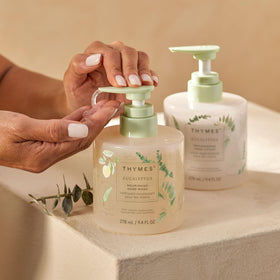 Thymes bottle placed on sink showing convenient daily use benefit