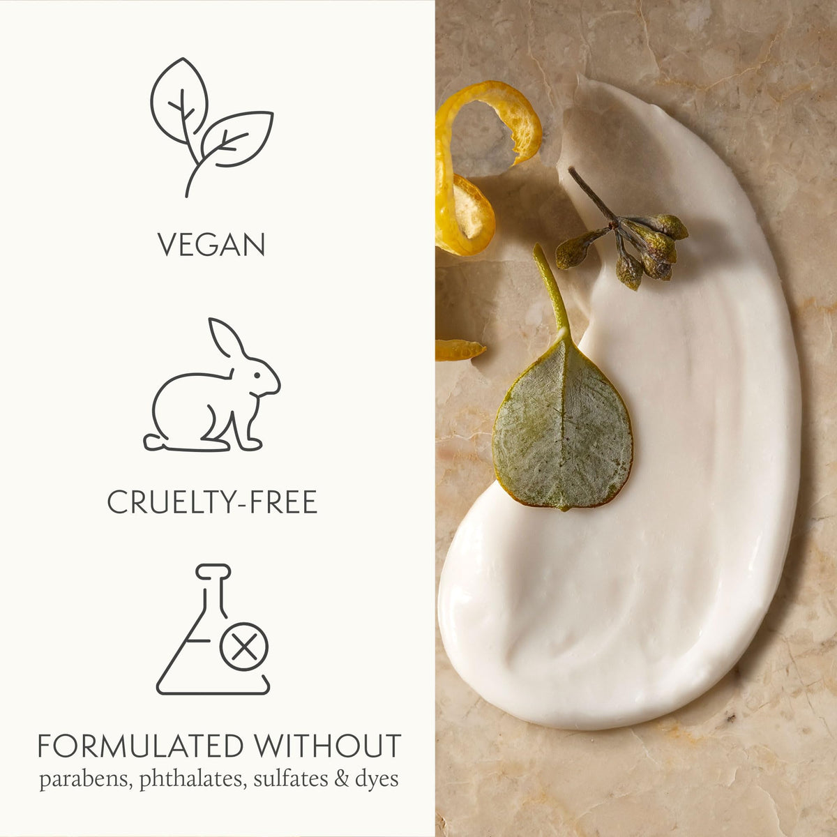 Thymes eucalyptus cap and label detail showing ingredient callouts and sustainable focus