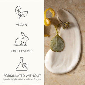 Thymes eucalyptus cap and label detail showing ingredient callouts and sustainable focus
