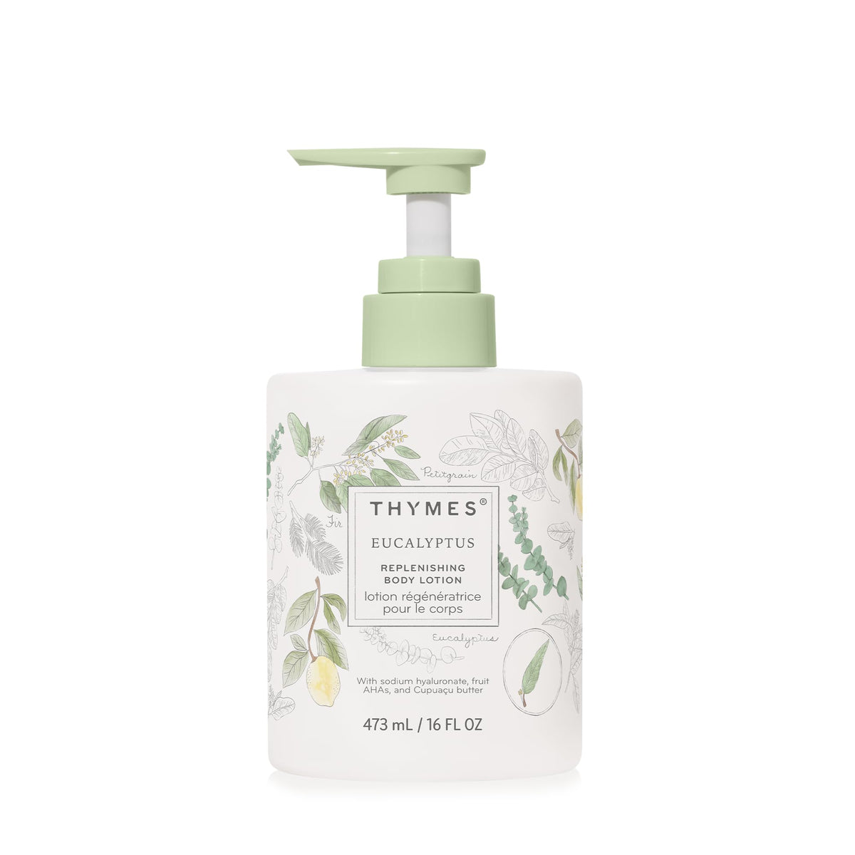 Thymes eucalyptus front bottle showing clean packaging and easy pump benefit