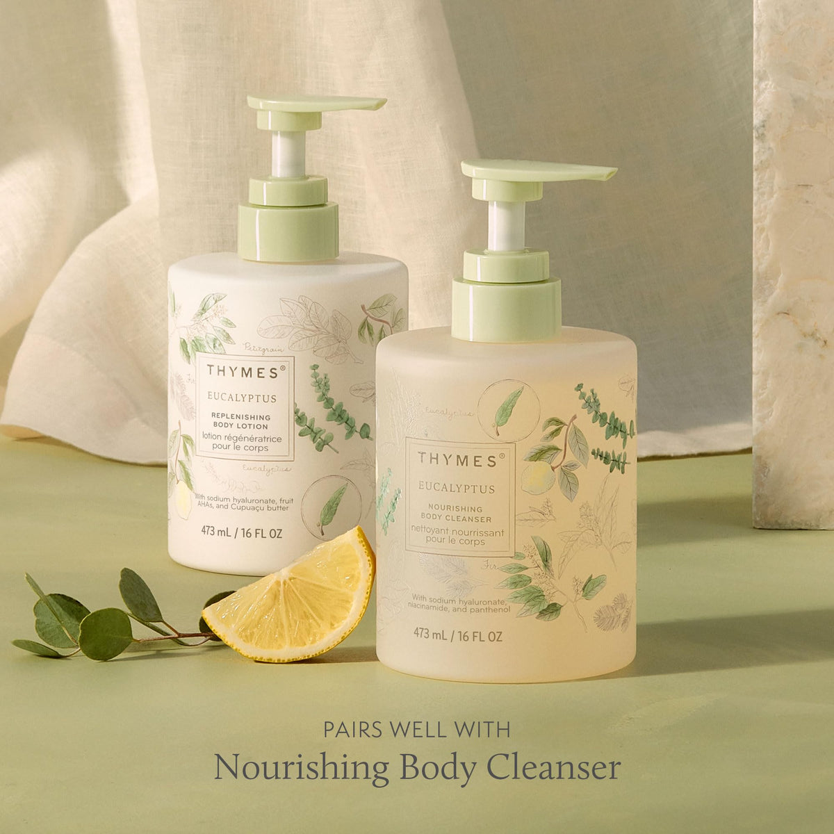 Thymes eucalyptus hand application demonstration illustrating smooth spread and hydration