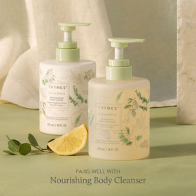 Thymes eucalyptus hand application demonstration illustrating smooth spread and hydration