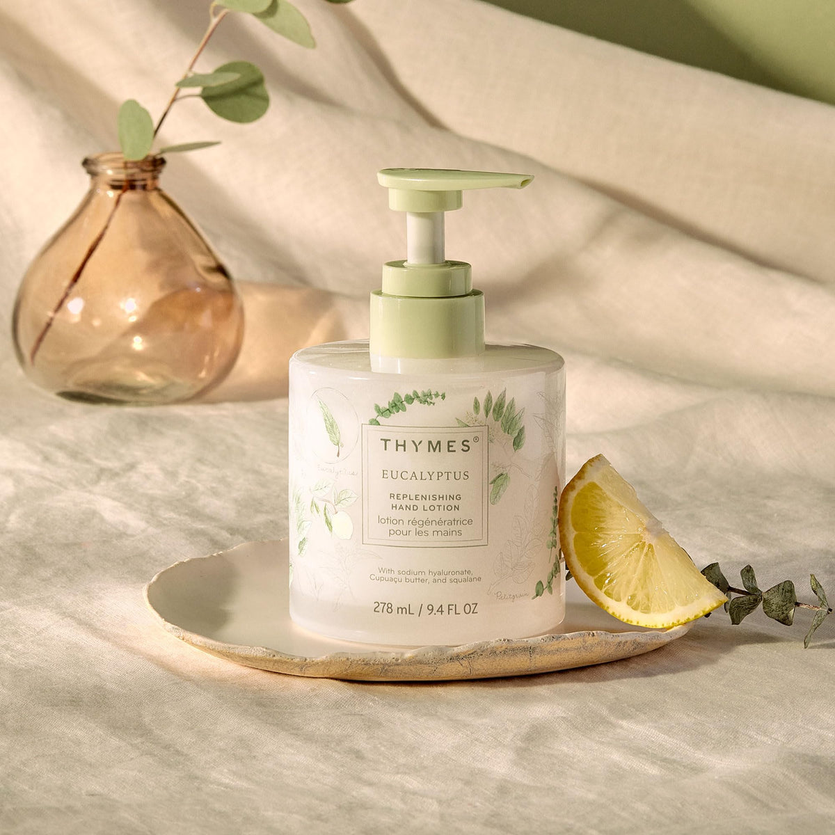 Thymes label closeup revealing ingredients and luxury presentation benefit