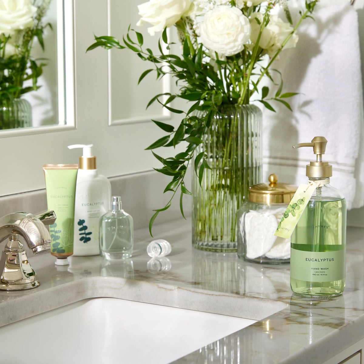 Thymes eucalyptus pump dispenser detail for easy application and mess-free use