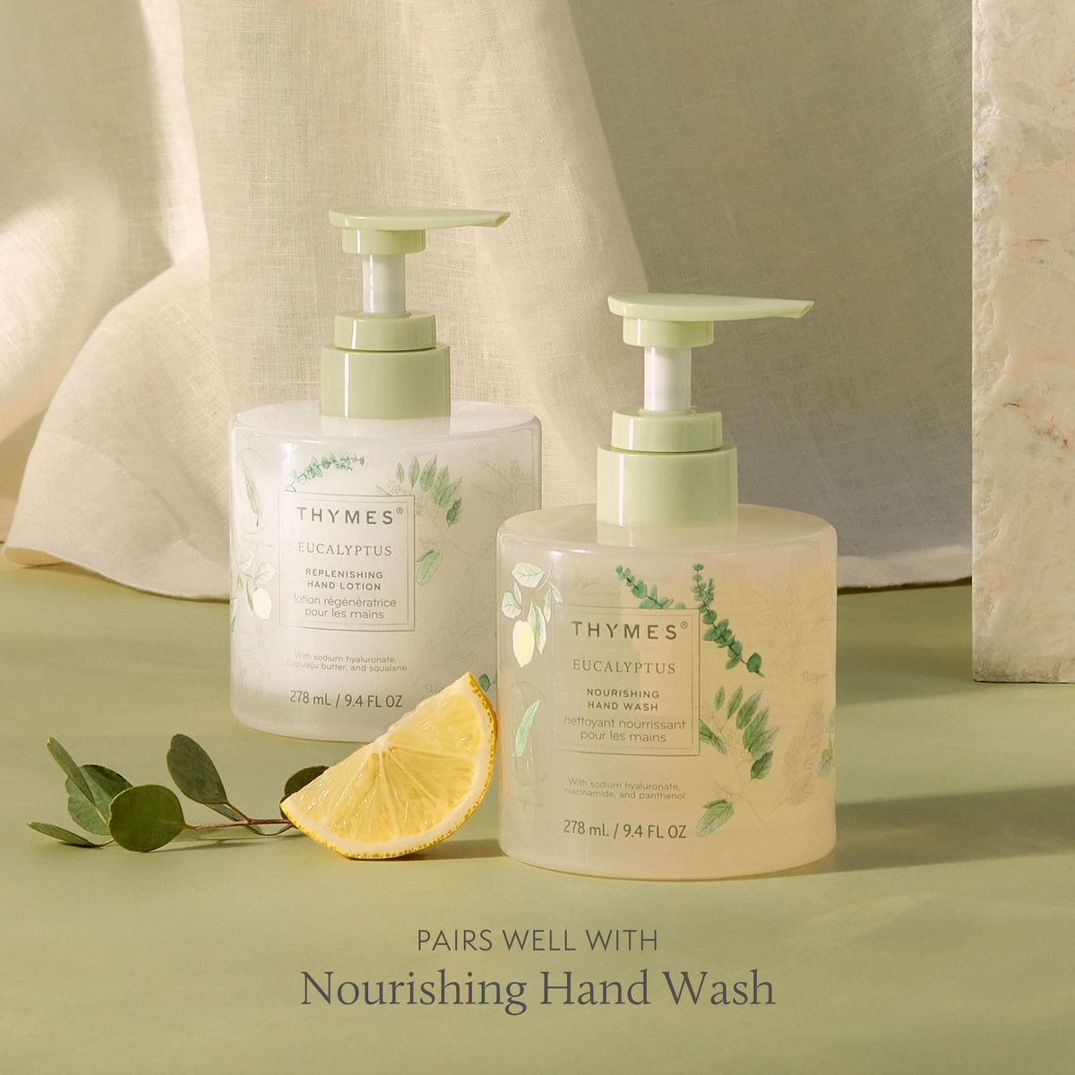 Thymes bottle in hand demonstrating 9.4 fl oz size and travel-friendly benefit