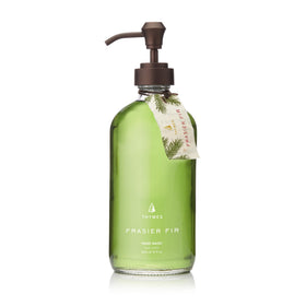 Thymes Frasier Fir front packaging in glass bottle showcasing elegant sink display and style