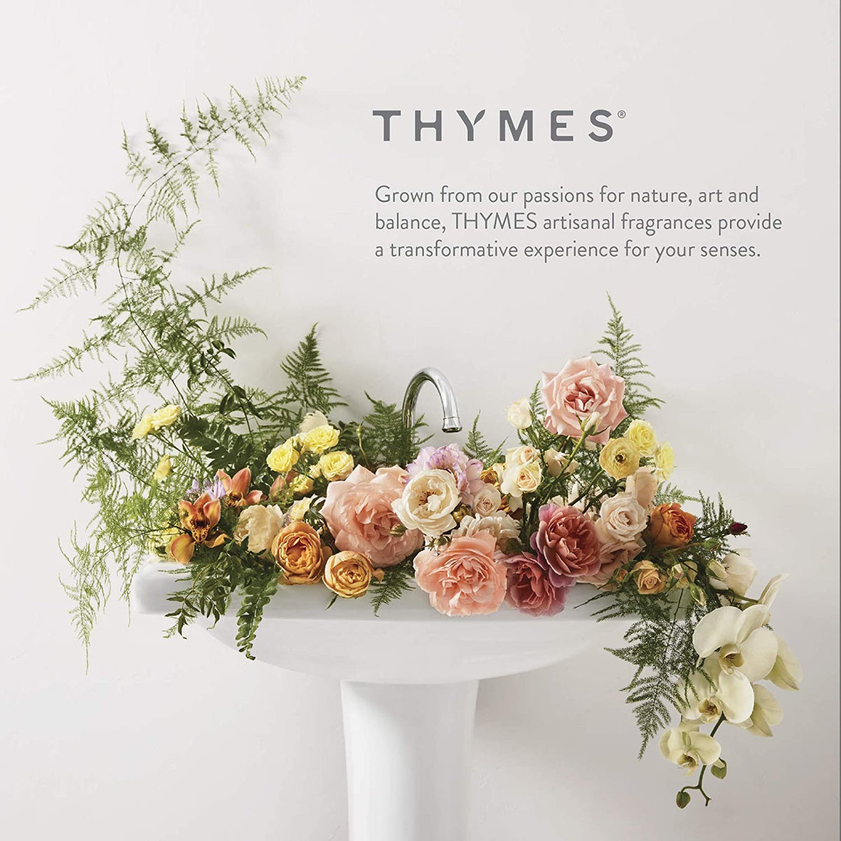 Thymes product with ingredient visuals emphasizing plant-based, skin-friendly formula