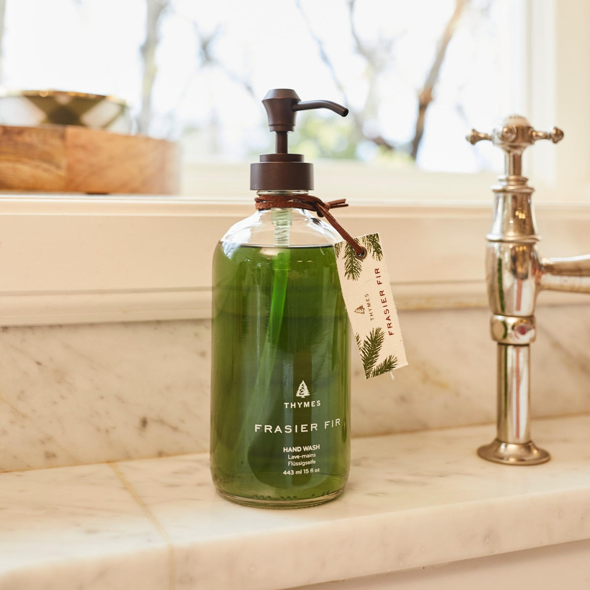 Thymes Frasier Fir label closeup highlighting artisan design and scent details