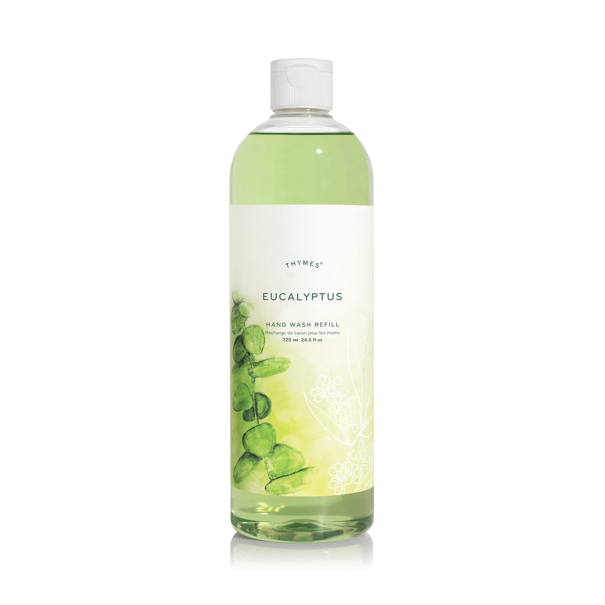 Thymes refill front packaging showing eucalyptus scent and 24.5 fl oz size for easy refill benefit