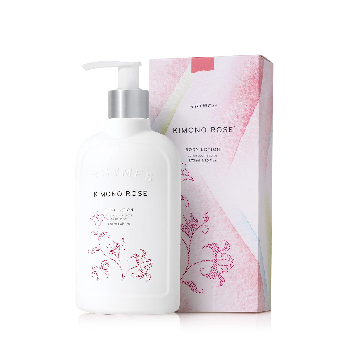 Thymes Kimono Rose front bottle showing elegant packaging and travel-friendly size