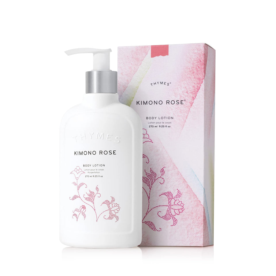 Thymes Kimono Rose front bottle showing elegant packaging and travel-friendly size