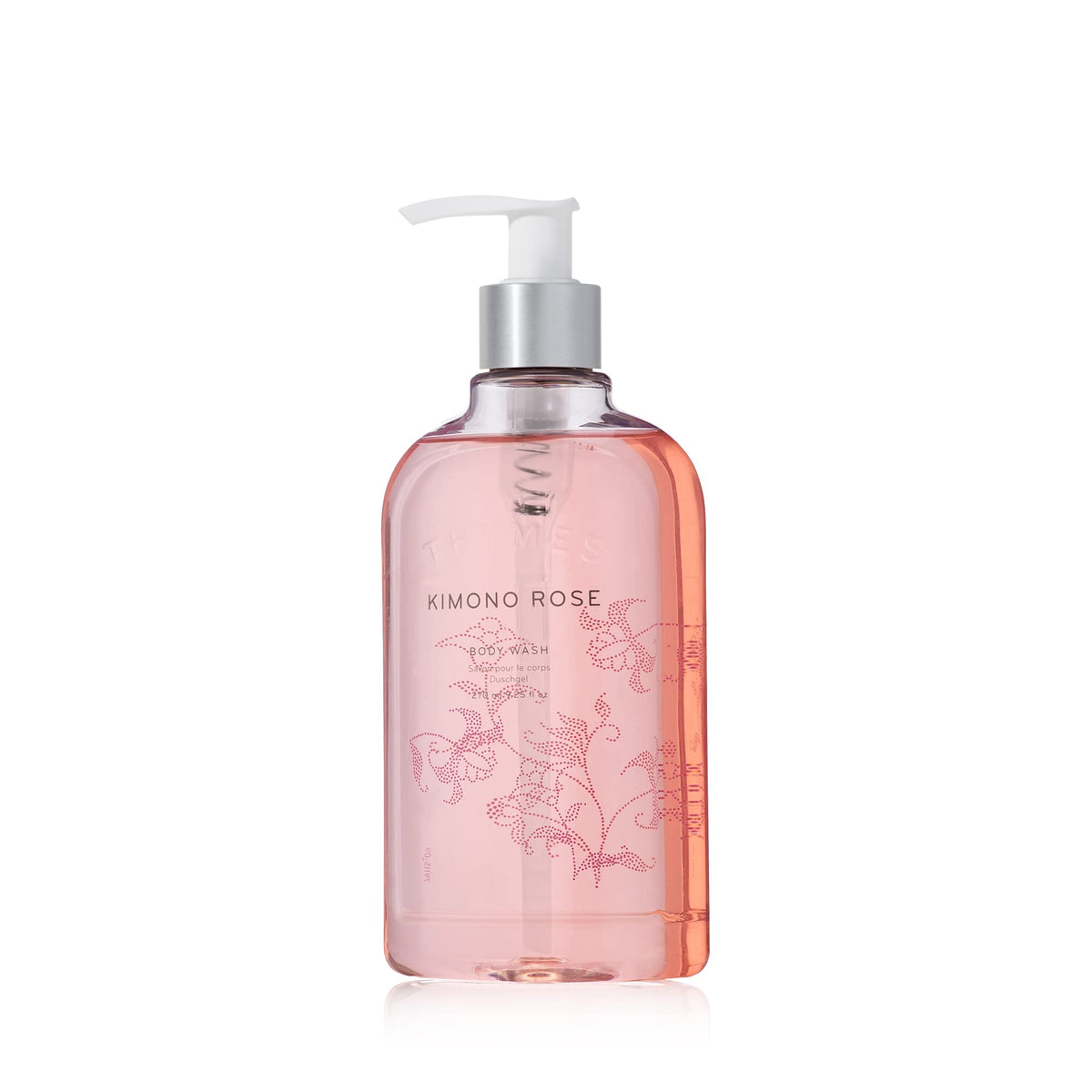 Thymes Kimono Rose front pump bottle showing elegant packaging and easy dispensing benefit