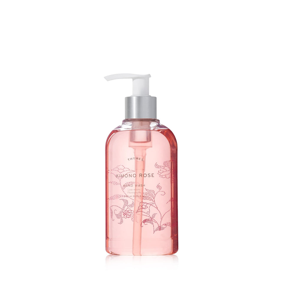 Thymes front pump bottle showing Kimono Rose label and elegant finish for luxurious hand care