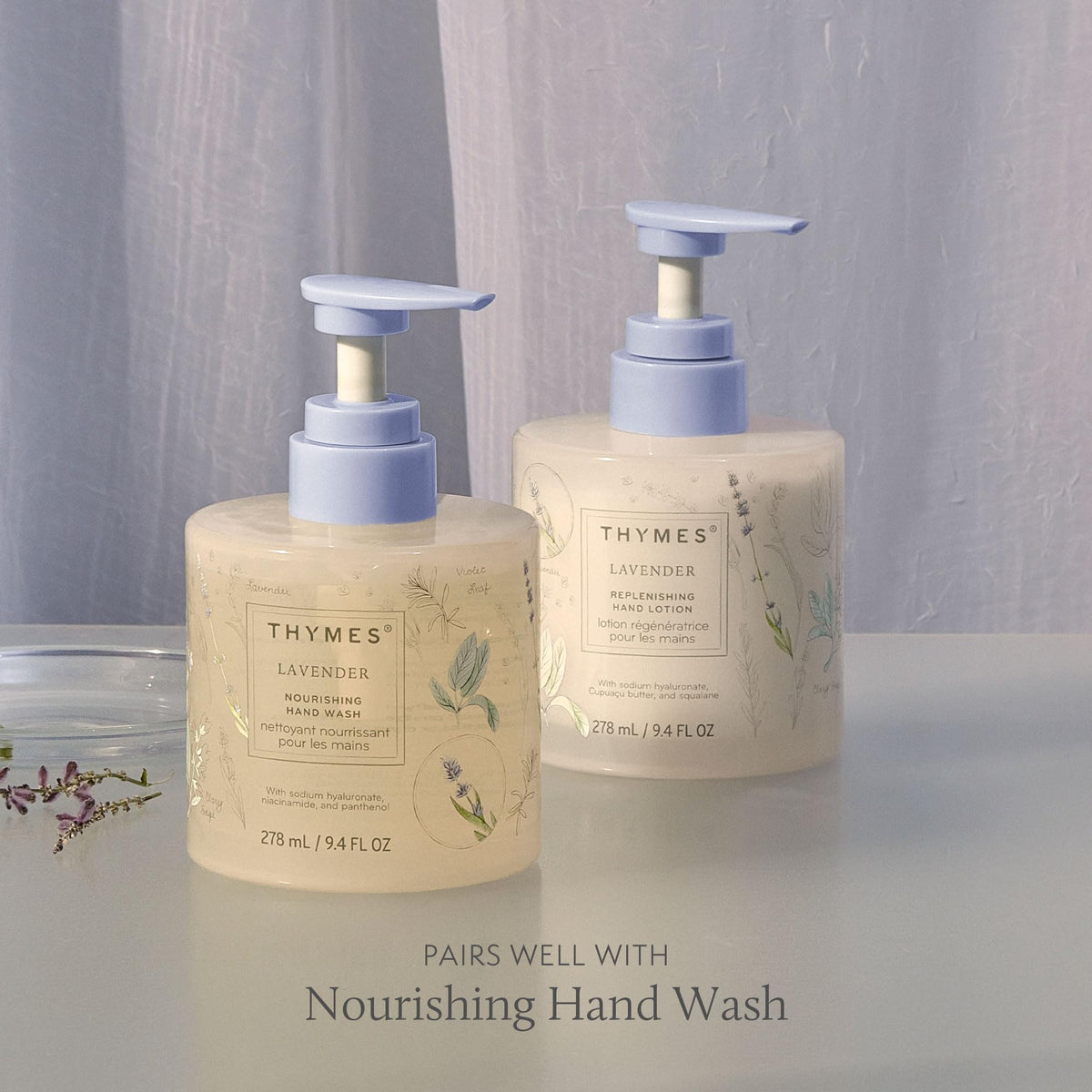 Thymes lotion being applied to hands demonstrating fast absorption and softness