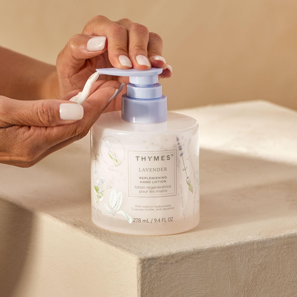 Thymes ingredients label with sodium hyaluronate squalane and cupuaçu butter visible