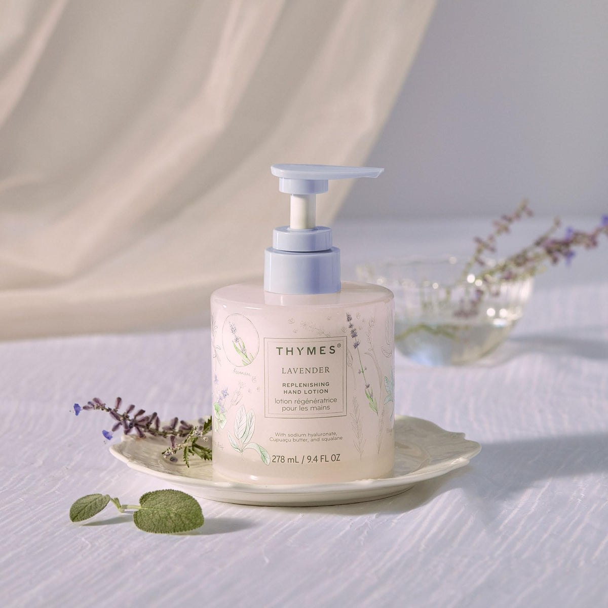 Thymes pump close-up highlighting easy-dispense pump and hygienic use