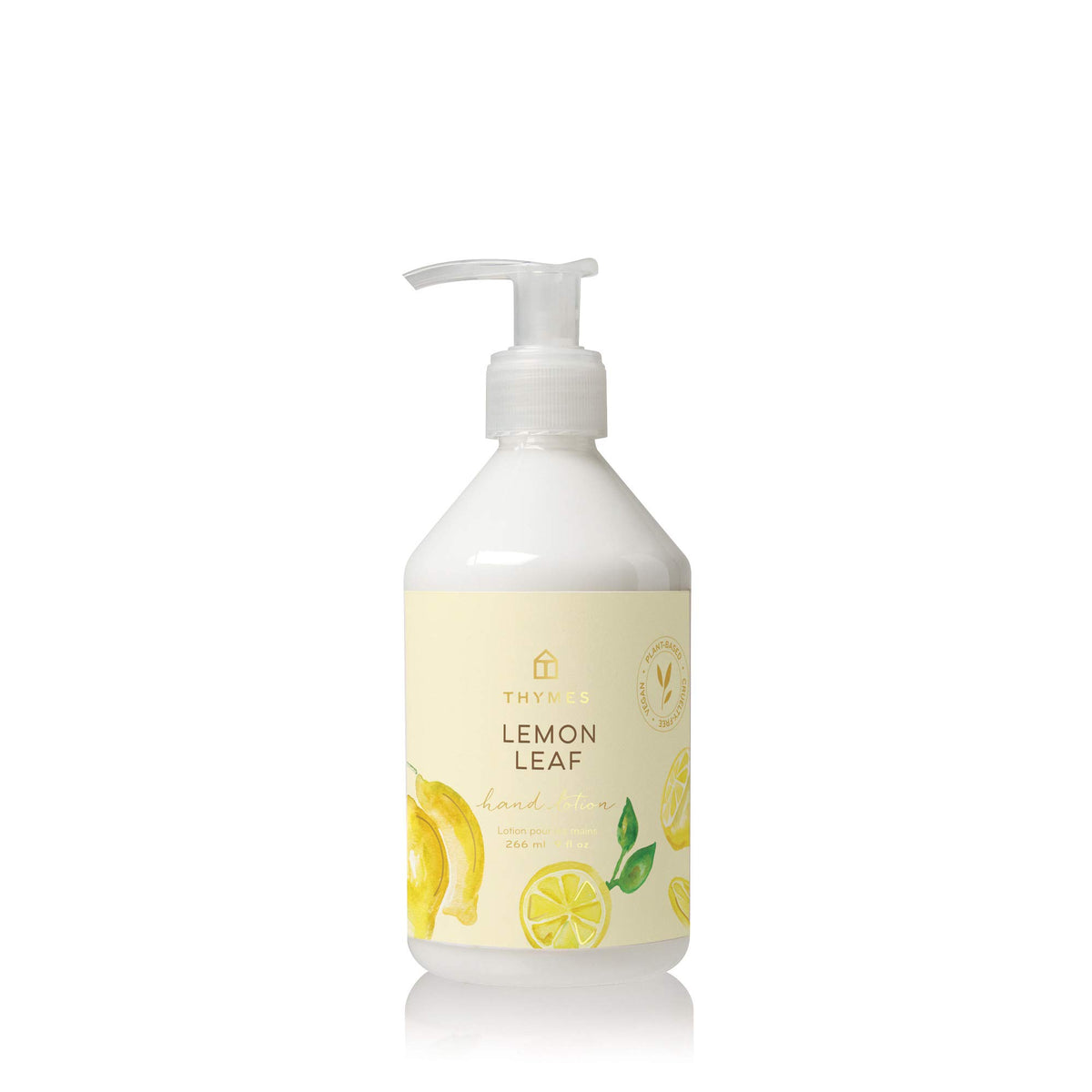 Thymes Lemon Leaf front bottle showing label and size, highlights moisturization