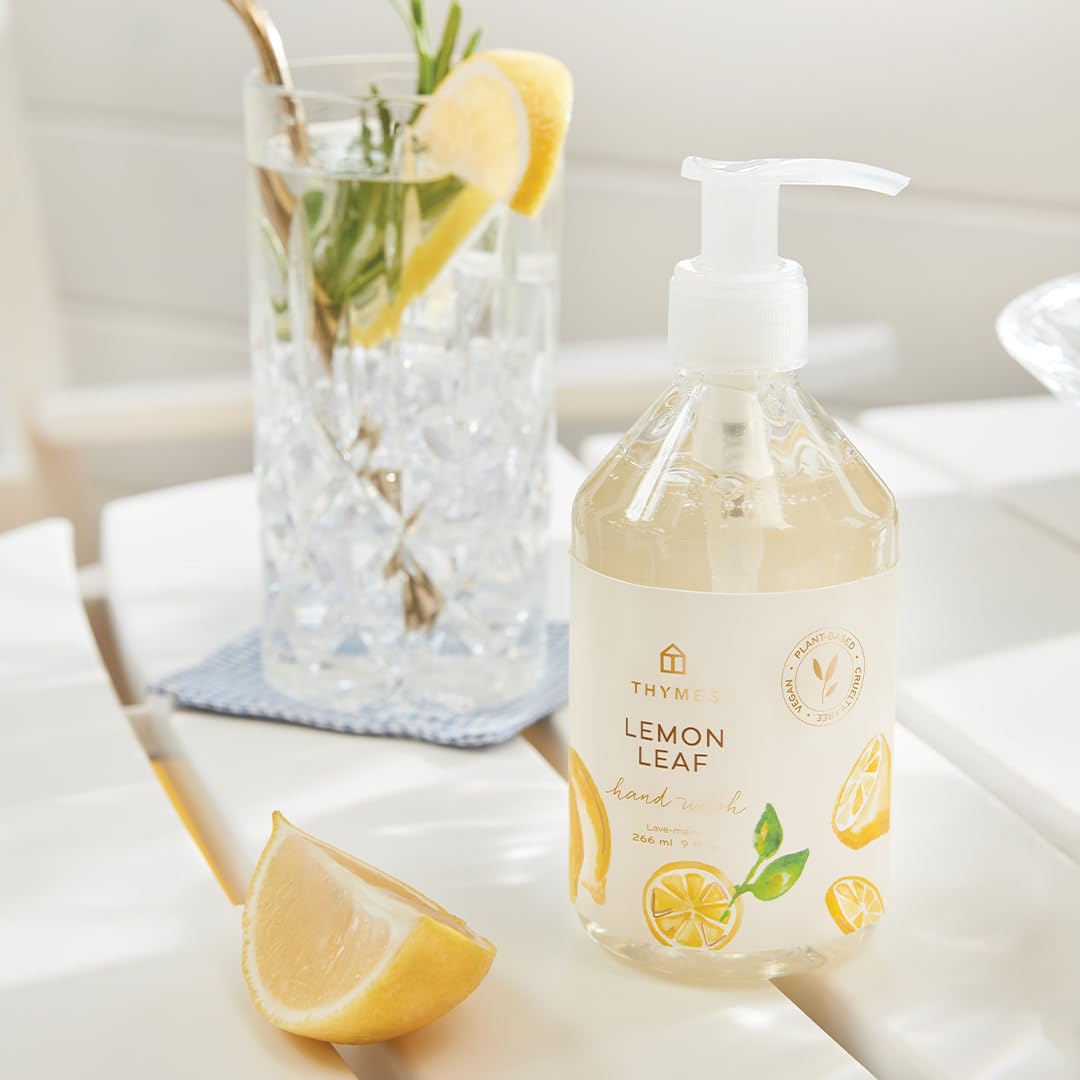 Thymes lemon leaf pump dispenser close-up highlighting easy use and precise dosing