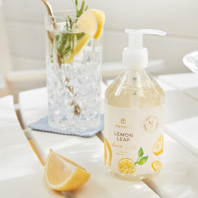 Thymes lemon leaf pump dispenser close-up highlighting easy use and precise dosing