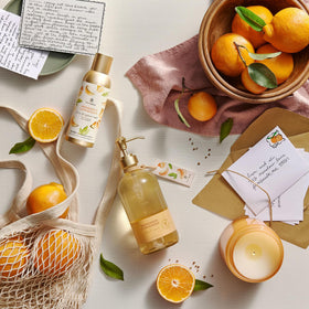 Thymes bottle in bathroom setting adding fragrant, upscale hand care ambiance