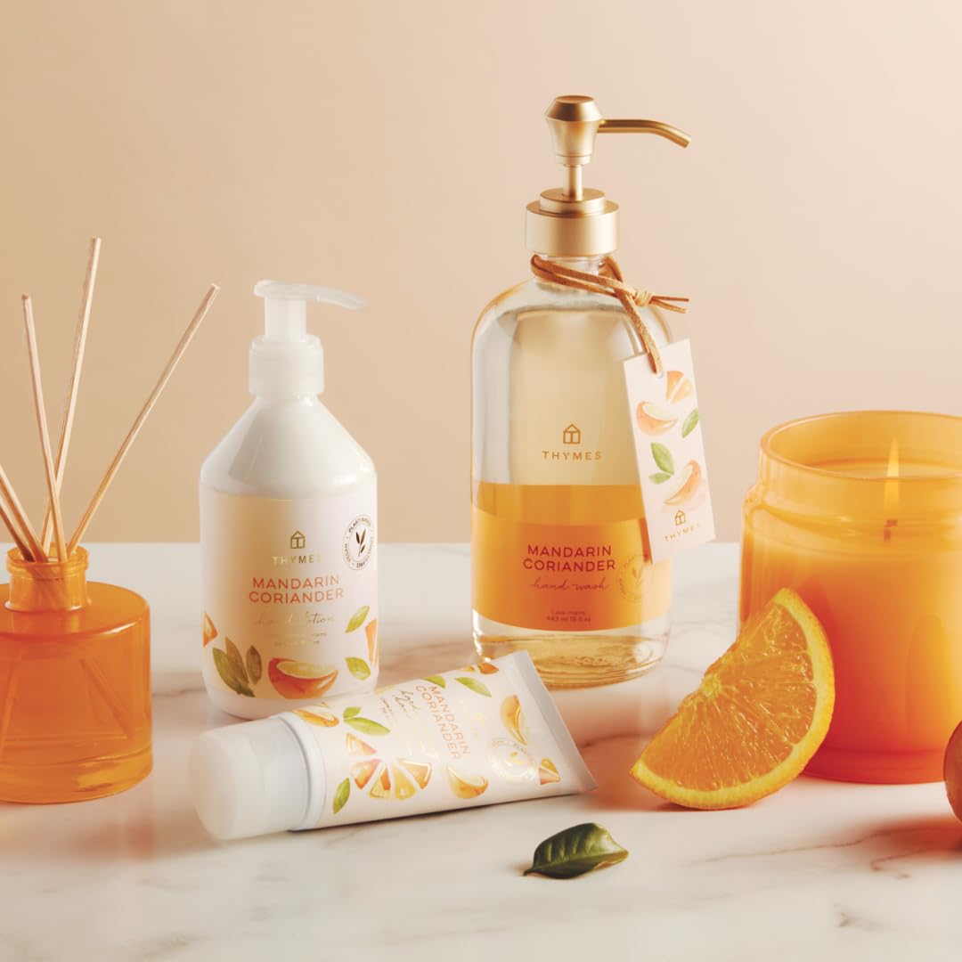 Thymes bottle in a styled bathroom conveying boutique scent and décor-friendly look