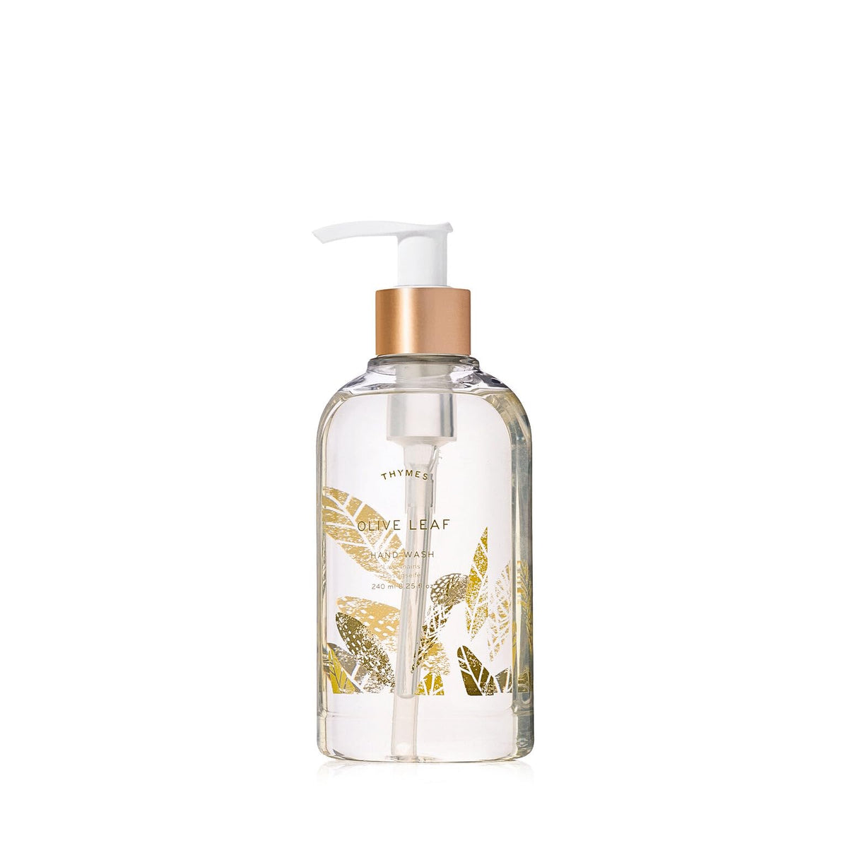 Thymes front packaging showing Olive Leaf pump and elegant label, suggests premium hand care