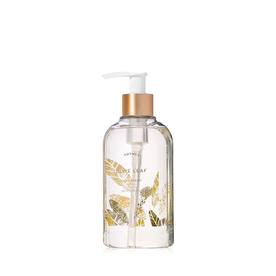 Thymes front packaging showing Olive Leaf pump and elegant label, suggests premium hand care